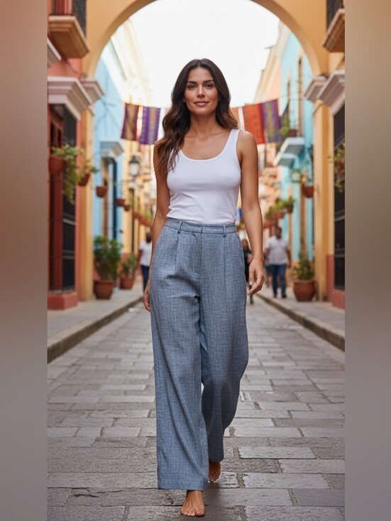 Dkny Pants - DKNY Wide-Leg High-Waist Trousers Linen Blue SZ 16 NWT